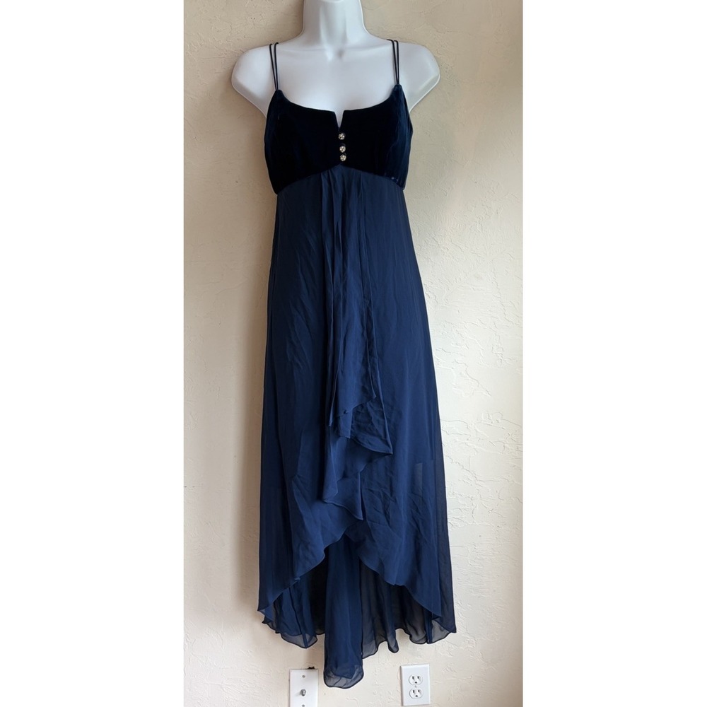 Vintage 90s AJ Bari Blue Velvet Silk Dress 6 Asymmetrical Whimsigoth Dark Fairy